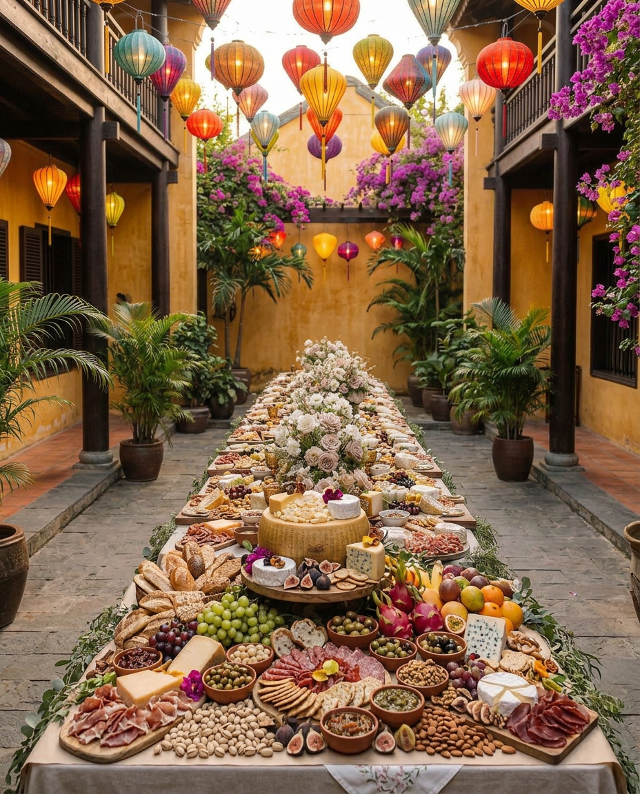 Long wedding grazing table with flowers and greenery
