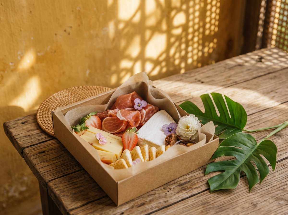 Individual grazing box with cheese, prosciutto and fruit