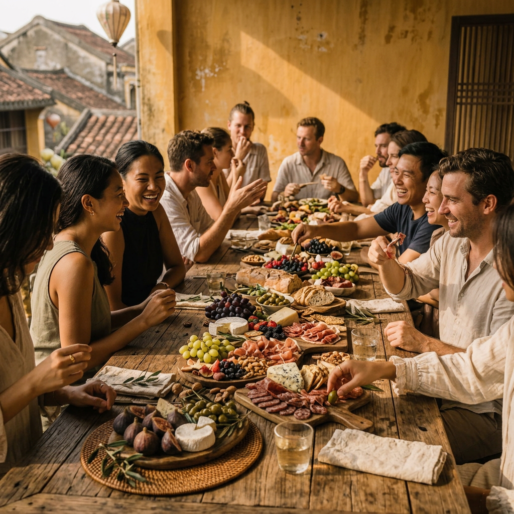 Friends enjoying a generous grazing table at a relaxed Hoi An party