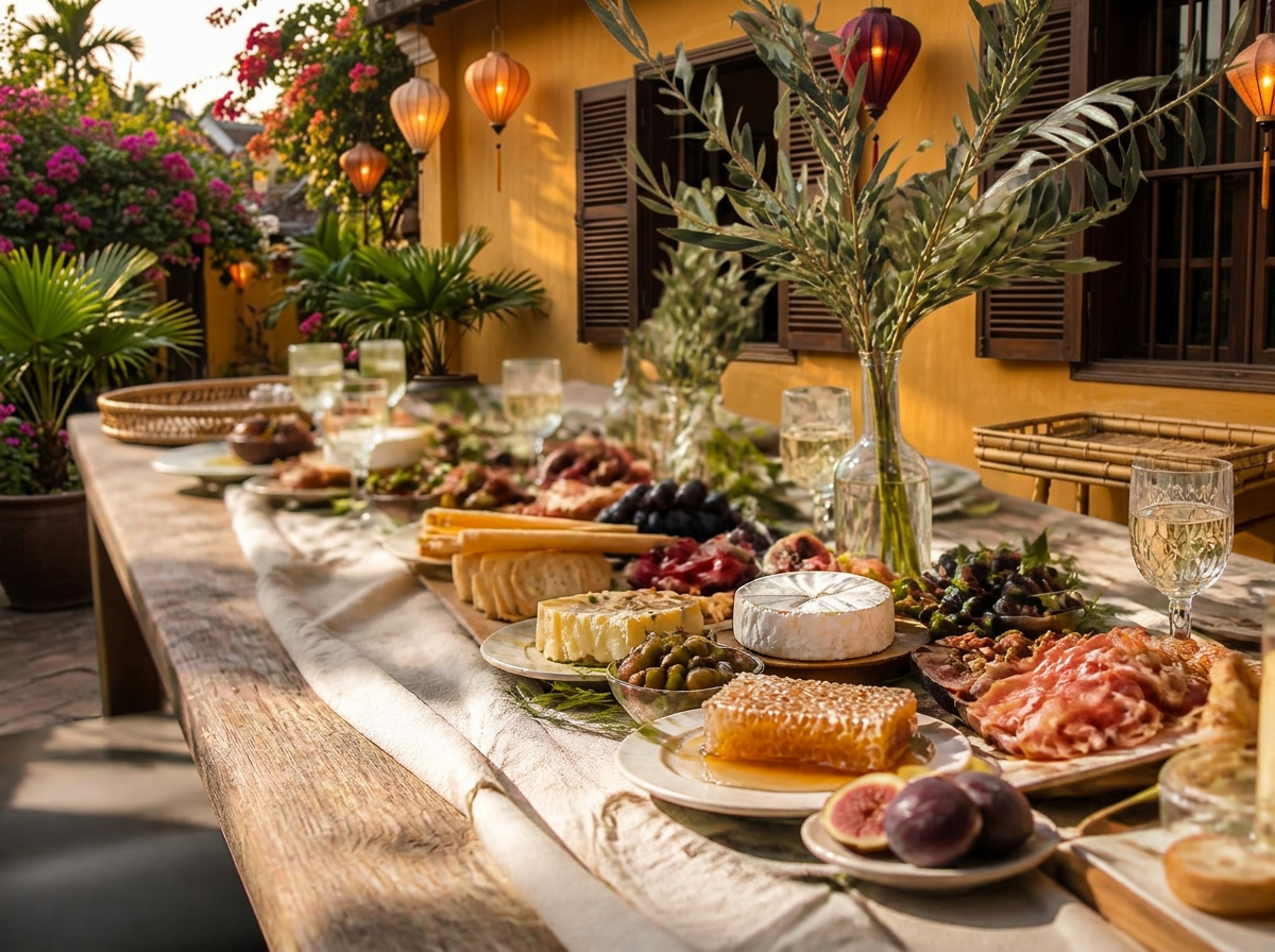 An elegant grazing table set outdoors with cheese, figs, olives and olive branches